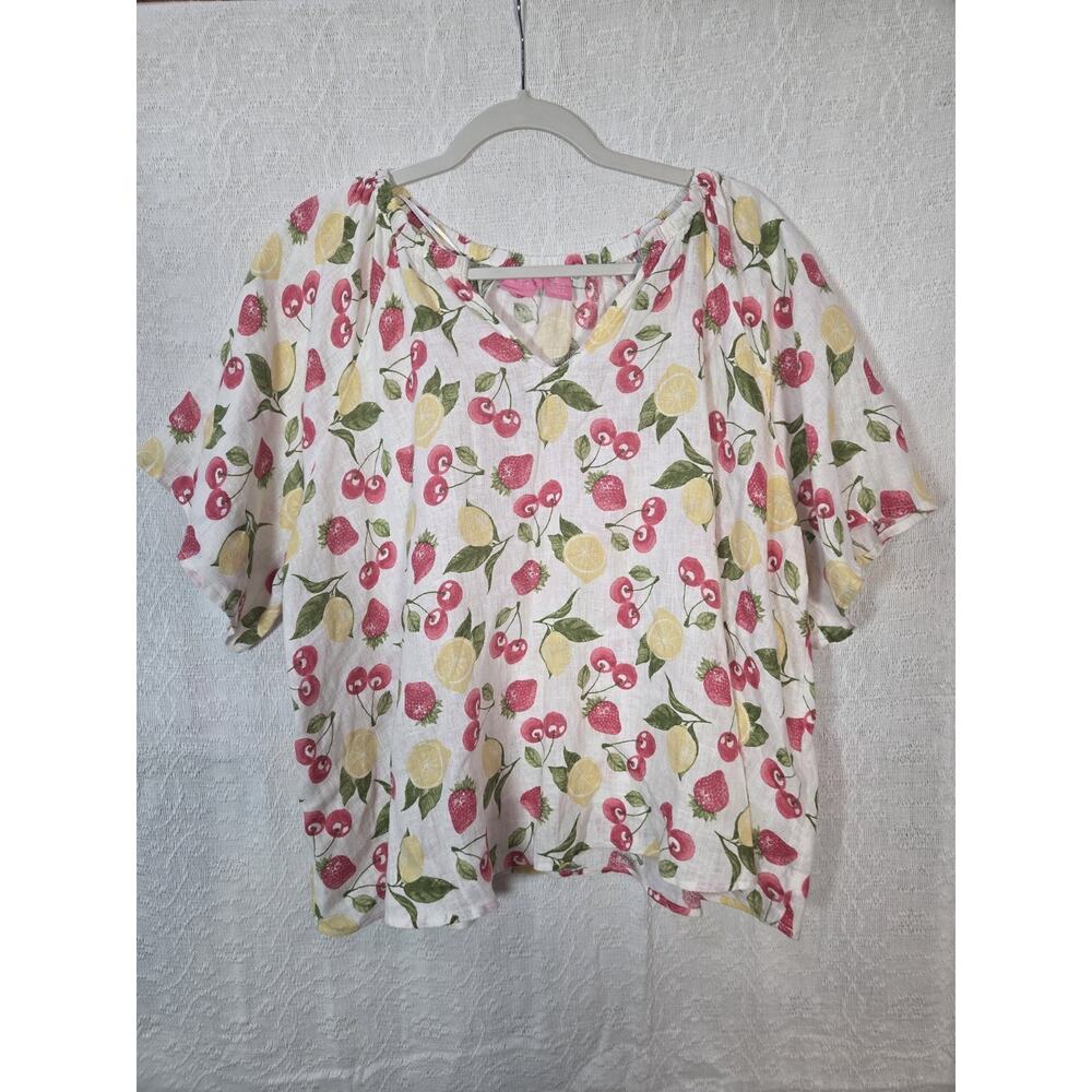 Isaac Mizrahi Fruit Pattern 100% Linen Fun Whimsy‎ Flowy Blouse